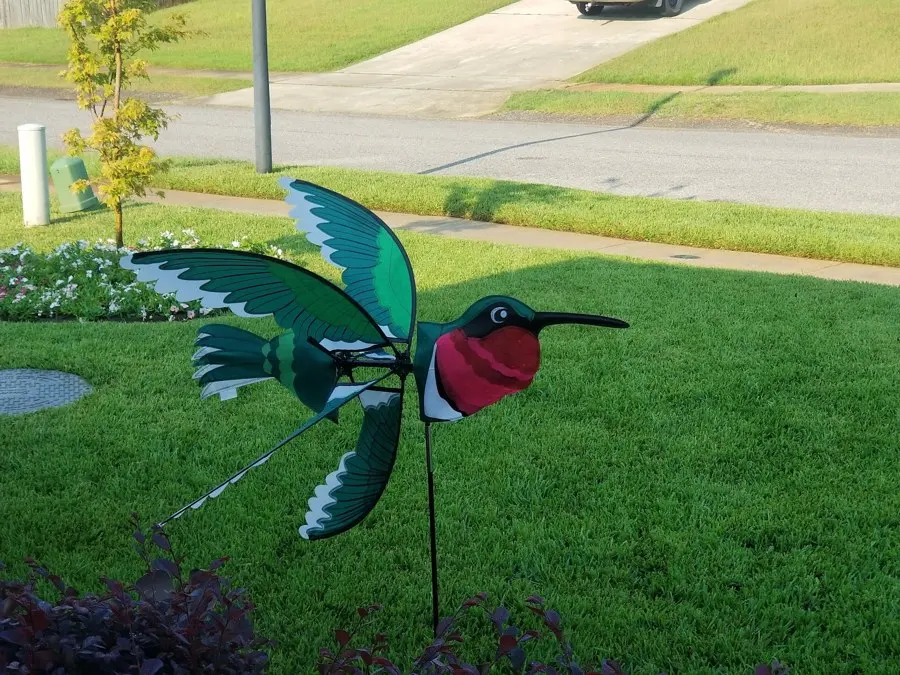 Lawn with a garden spinner and trimmed shrubs